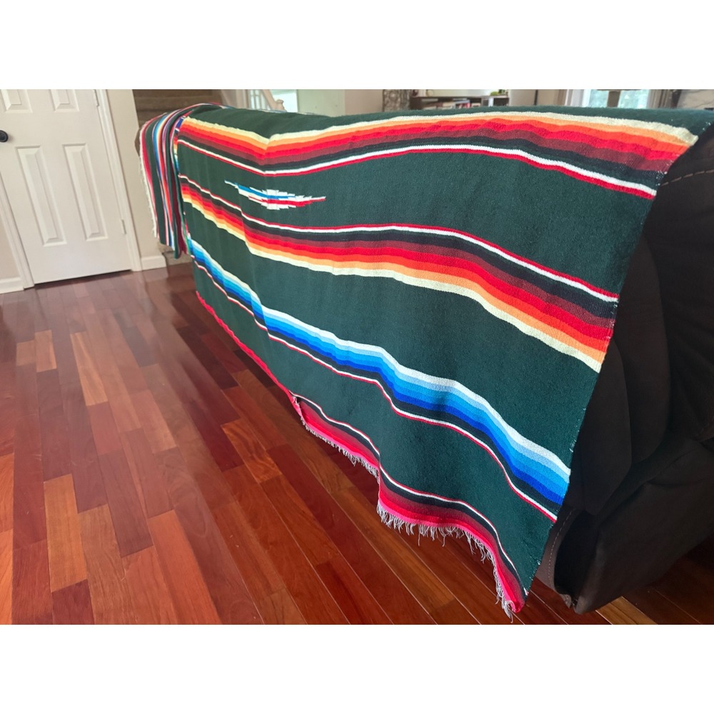 Vintage Mexican Serape Blanket Forest Green Multi Color Saltillo Stripe Fringed